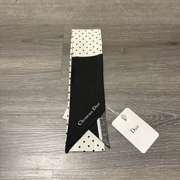 Christian Dior Mitzah Silk Twilly – Black & White Polka Dot Reversible Scarf - Picture 4 of 4